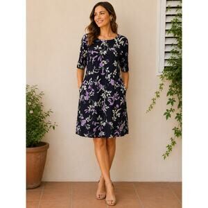 Lands End Navy Blue Purple Floral Short Sleeve Sheath Pocket Dress 12